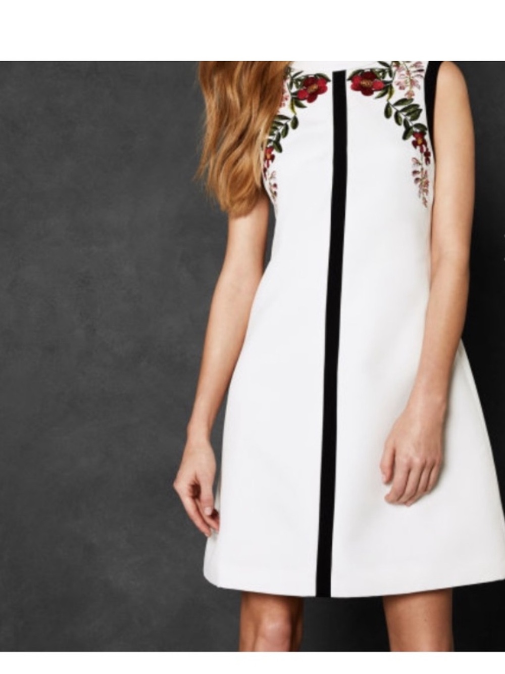 Ted Baker White Mini Dress with Black Center Stripe and Floral Embroidery